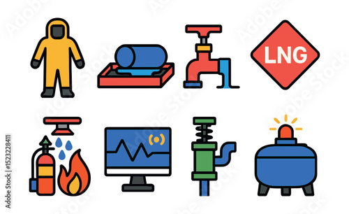 Flat vector icons of liquefied natural gas (LNG) safety measures: cryogenic suit icon, LNG spill containment, emergency vent valve, LNG tanker safety placard, fire suppression system, remote