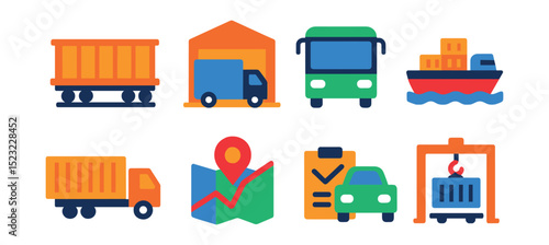 Flat vector icons of port transport connections: rail freight car icon, truck loading dock, shuttle bus, inland waterway barge, container trailer, transport logistics map, vehicle inspection station,