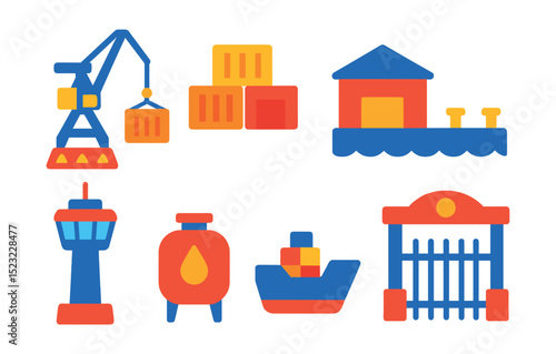 Flat vector icons of maritime port infrastructure: cargo crane icon, shipping container stack, dockside warehouse, pier with mooring bollards, harbor control tower, fuel depot tank, cargo ship