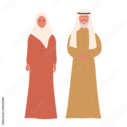Old muslim middle ages couple vector illustration. Cartoon arab family characters, moslem senior man and woman standing together, elderly grandparents wearing traditional clothes isolated on white