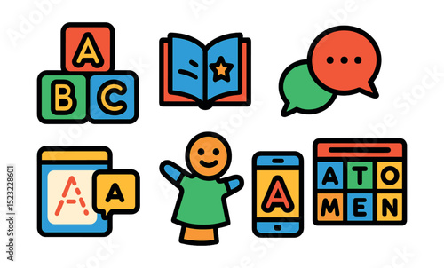 Flat vector icons of preschool literacy and language: alphabet blocks icon, storybook badge, speech bubbles, letter tracing worksheet, storytelling puppet, language app, word flashcards, phonics