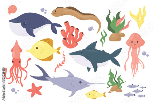 Sea or ocean fish, underwater aquatic animal vector illustration set. Cartoon cute starfish coral seaweed algae from bottom and air bubbles, octopus herring jellyfish shark whale eel isolated on white