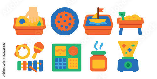 Flat vector icons of preschool sensory activities: sensory bin icon, textured ball badge, water play tray, sand table, musical instruments, tactile board, scent jar, light projector.