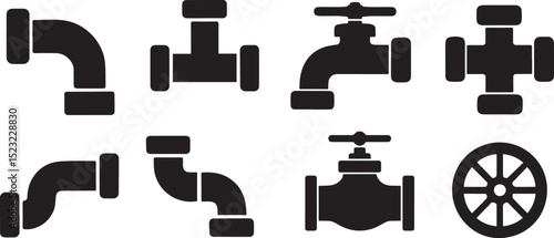 Plumbing parts collection black and white vector illustration