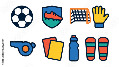Flat vector icons of football equipment: soccer ball icon, cleats badge, goal net, goalkeeper gloves, whistle, referee card, water bottle, shin guards.