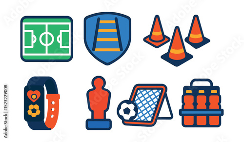 Flat vector icons of football training facilities and equipment: training field icon, agility ladder badge, cones setup, ball rebounder, fitness tracker, training dummy, gym weights, hydration