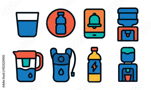 Flat vector icons of drinking water and hydration: water glass icon, reusable bottle badge, hydration reminder, water cooler, filtered pitcher, hydration pack, electrolyte drink, water dispenser.