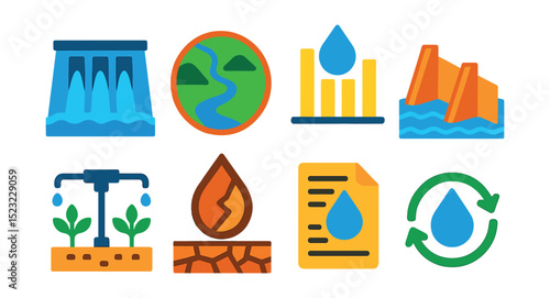 Flat vector icons of water resource management: reservoir dam icon, watershed map badge, water allocation chart, flood control barrier, irrigation planning, drought monitor, water rights document,