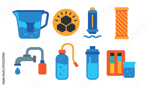 Flat vector icons of water purification products: water filter pitcher icon, activated charcoal badge, UV purifier, sediment filter, faucet-mounted filter, portable purifier, replacement cartridge,