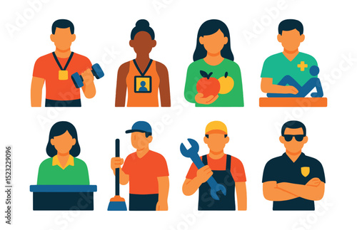 Flat vector icons of gym staff and roles: personal trainer icon, group instructor badge, nutritionist, physiotherapist, front desk receptionist, cleaning staff, maintenance crew, security personnel.