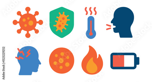 Flat vector icons of human diseases: virus icon, bacteria badge, fever thermometer, cough symptom, headache silhouette, rash spot, inflammation symbol, fatigue battery.