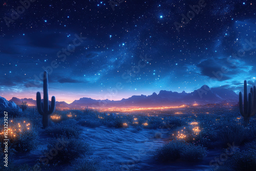 Cactus trees under a starry sky in the desert.