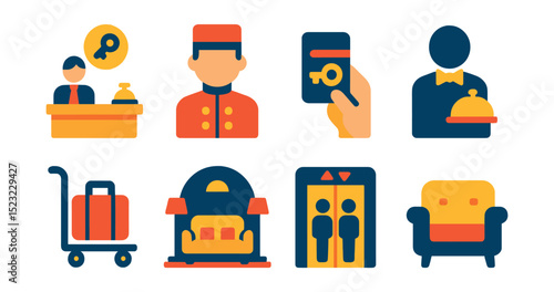 Flat vector icons of hotel facilities: reception desk icon, bellhop badge, room keycard, concierge service, luggage trolley, hotel lobby, elevator, guest lounge.