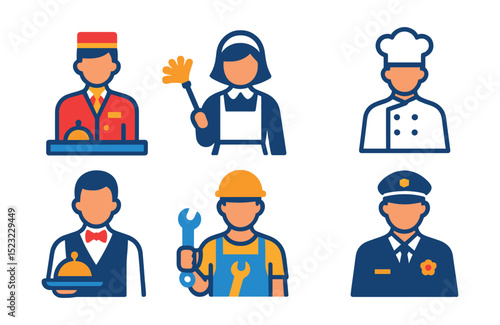 Flat vector icons of hotel staff roles: front desk clerk icon, housekeeping staff badge, concierge, chef, waiter, maintenance technician, security guard, event coordinator.