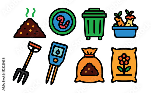Flat vector icons of composting methods: aerobic compost pile icon, vermicomposting badge, compost bin, organic waste, turning pitchfork, moisture meter, finished compost bag, garden fertilizer.