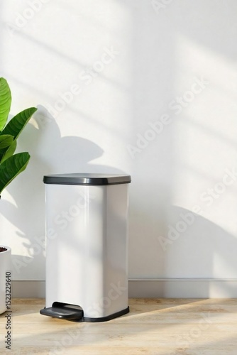 A modern, stylish trash can sits empty against a clean, white wall, ready for disposal Perfect for home organization and interior design concepts , container, modern