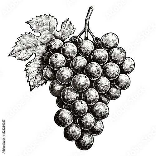 Vintage illustration of grapes with leaves on a white background  