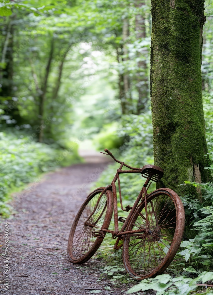 Fototapeta premium Rusty bicycle leaning on a tree forest path nature scene tranquil