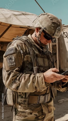 American serviceman in camouflage uniform using a digital tablet outdoors at a military installation on a bright, sunny day in a Middle Eastern environment.