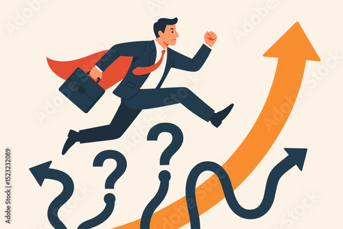 Superhero businessman with briefcase leaps over difficult questions and confusing paths, running towards success. Overcoming obstacles, career growth, ambition, determination, business solution.