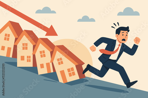 Financial Crisis Impacting Housing Market: Businessman Running from Collapsing Real Estate, Mortgage Burden, Economic Recession and Investment Risk Vector Illustration