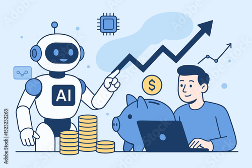 AI investment advisor robot helping human manage finance. Artificial intelligence technology guiding banking, savings, and financial growth, smart money management future economy.