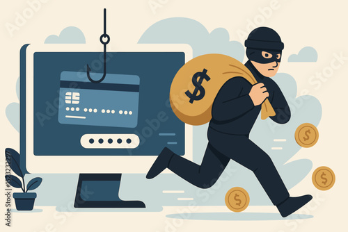 Cybercrime concept. Thief in mask escapes with money bag and stolen credit card from computer phishing attack. Digital data hack and online fraud. Internet security risk.