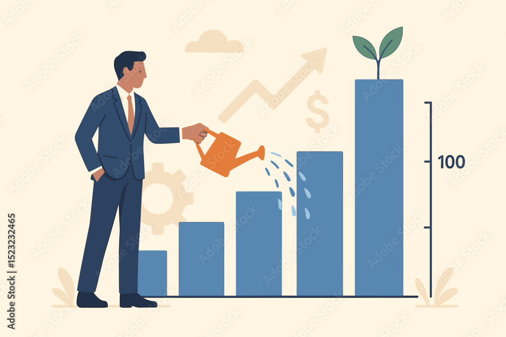 Investor nurturing financial growth, business investment, success, and development. Man watering plant on growth bar chart, symbolizing money savings, economics, capital, and revenue increase. Investor nurturing financial growth, business investment, success, and development. Man watering plant on growth bar chart, symbolizing money savings, economics, capital, and revenue increase.