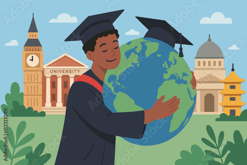 Graduate student embracing a globe, symbolizing global education, international study, academic success, and a bright future journey. Diverse university architecture background.