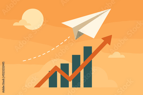 Soaring economic growth, business progress, financial success, and market achievement concept with paper airplane flying over rising bar chart and ascending arrow indicating prosperity