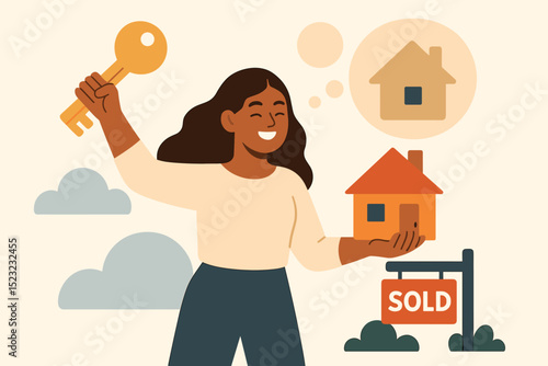 Happy young woman purchasing her dream home, holding key, house sold sign. Real estate investment, successful ownership, mortgage, financial freedom, future
