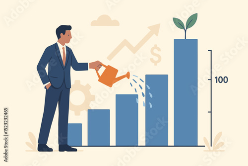 Investor nurturing financial growth, business investment, success, and development. Man watering plant on growth bar chart, symbolizing money savings, economics, capital, and revenue increase.