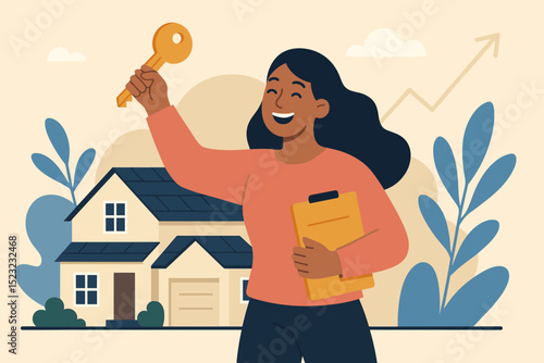 Happy young woman celebrates dream home purchase, holding key to new house. Real estate investment growth, mortgage, homeowner success. First-time buyer property owner, tenant illustration