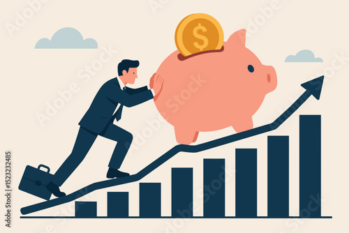 Wealth accumulation journey. Businessman pushing piggy bank up a growing financial chart. Investment, saving, financial growth, long-term wealth, stock market, retirement.