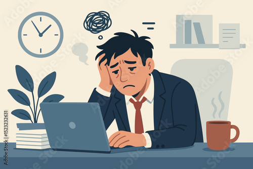 Overwhelmed businessman suffering from chronic fatigue, professional burnout, and workplace stress at his office desk. Exhausted employee facing Monday blues, anxiety, depression & deadline pressure.