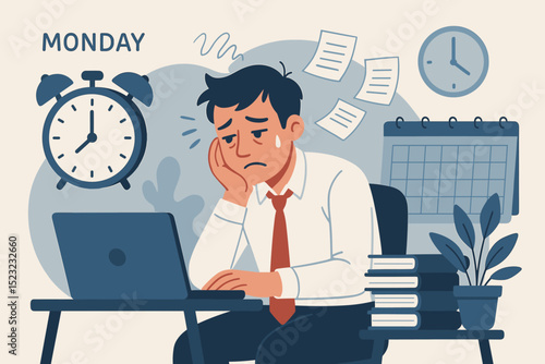 Exhausted man combating Monday blues and work pressure, feeling overwhelmed, burnout, and stress with a laptop, alarm clock, calendar, and documents at desk.