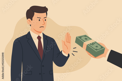 Ethical business man rejects bribery, refusing money offer, demonstrating honesty, integrity, and anti-corruption principles. Professional stands against unethical practices.