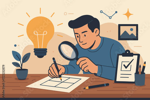 Creative process of meticulous idea generation. Man brainstorming, analyzing, and developing new concepts. Research, problem-solving, innovation, and strategic thinking. Lightbulb moment.