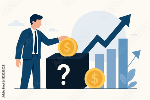 Investor making investment decision. Businessman putting money into box with question mark. Financial uncertainty and risk. Market speculation, growth graph, increasing profit. Finance analytics.