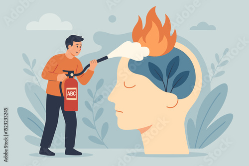 Extinguishing mental flames. Burnout stress relief. Man with fire extinguisher puts out fire on head. Psychology concept for anxiety, depression, crisis intervention, therapy, mental healthcare.