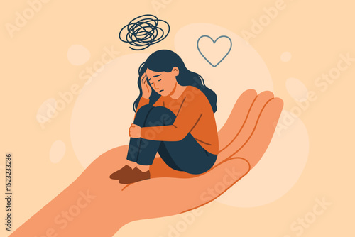 Supportive hand holding depressed woman. Mental health concept, anxiety, stress, sadness, loneliness. Psychology, therapy, compassion, care, emotional wellbeing, healing vector.