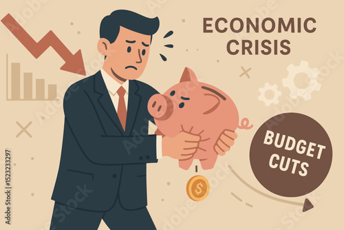 Global economic crisis impact: Worried businessman struggles with budget cuts, piggy bank shows dwindling savings. Financial recession, money loss, austerity measures vector illustration.