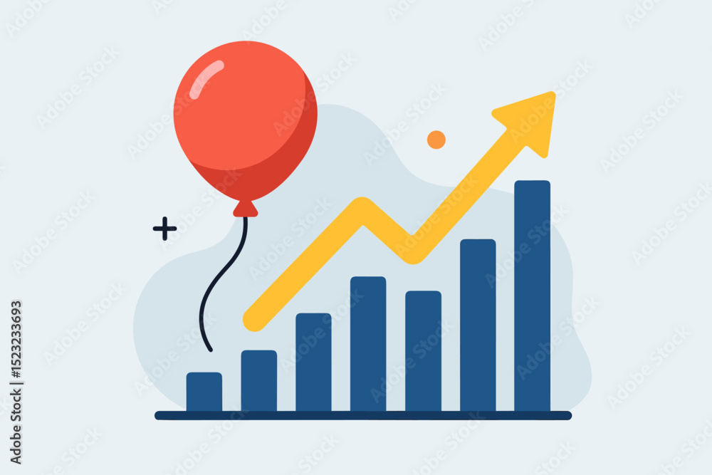 Economic Growth Symbolized: Bar chart with upward arrow and red balloon representing financial success, market progress, positive investment trend, business analytics, and data visualization. Economic Growth Symbolized: Bar chart with upward arrow and red balloon representing financial success, market progress, positive investment trend, business analytics, and data visualization.