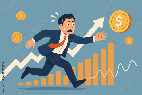 Businessman in crypto trading frenzy, desperately chasing dollar amid Bitcoin volatility. Financial market risk, investment opportunity, stock growth chart. FOMO, digital currency rush.