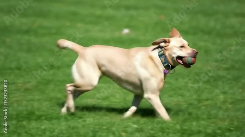4k video of a labrador dog running and playing in a grassy field with a ball in its mouth