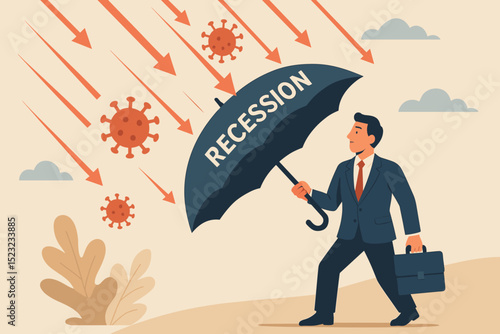 Businessman with RECESSION umbrella shields from economic crisis, virus impact, and financial downturn. Metaphor for protection, risk management, and business survival during uncertainty.