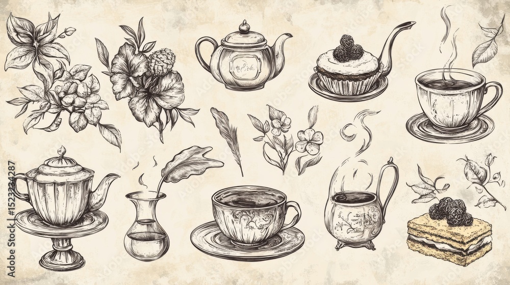 Sketched Tea Set, Desserts, and Floral Elements Sketched Tea Set, Desserts, and Floral Elements