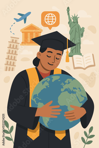 Graduate student embracing global opportunities, symbolizing international education, study abroad programs, academic travel, and a journey towards a successful career and bright future worldwide