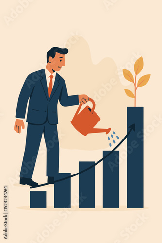Businessman nurtures economic growth. Watering can on rising bar chart, plant sprout symbolizes investment success. Financial development, profit strategy, business progress vector.