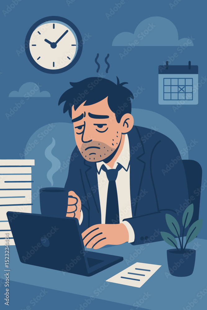 Exhausted Businessman Overworked with Monday Blues. Stressed Executive at Computer. Deadline Pressure, Coffee, Frustration and Burnout. Workload and Lack of Motivation. Exhausted Businessman Overworked with Monday Blues. Stressed Executive at Computer. Deadline Pressure, Coffee, Frustration and Burnout. Workload and Lack of Motivation.